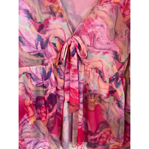Pink Printed Sheer Mesh Flare Sleeve Fairy Babydoll Top Shein Size L - Picture 4 of 7